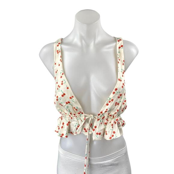 NEW Zara Cream Cherries Print Silky Satin Sleeveless Peplum Crop Tank Top Size S - Picture 1 of 3